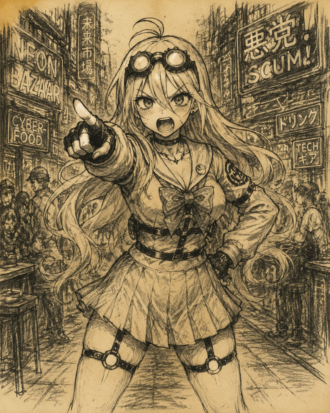 Pointing a finger while shouting insults At a neon-drenched futuristic night market (rough charcoal sketch on yellowed paper)
