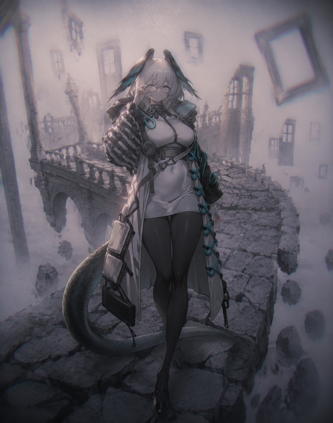 Adjusting her spectacles with a smirk On a collapsing stone bridge (dreamcore aesthetic, hazy liminal lighting)