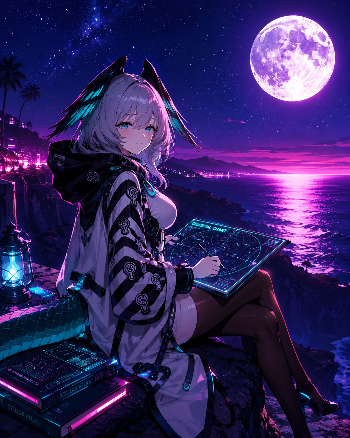 Charting stars on a celestial map On a moonlit cliffside overlooking the sea (synthwave aesthetic, neon glow)