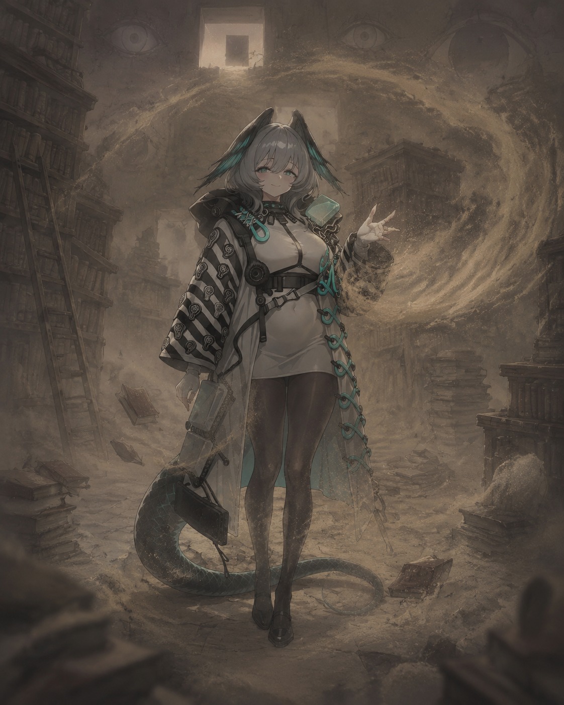 Conjuring a swirling localized sandstorm In a dusty forgotten library (dreamcore aesthetic, hazy liminal lighting)
