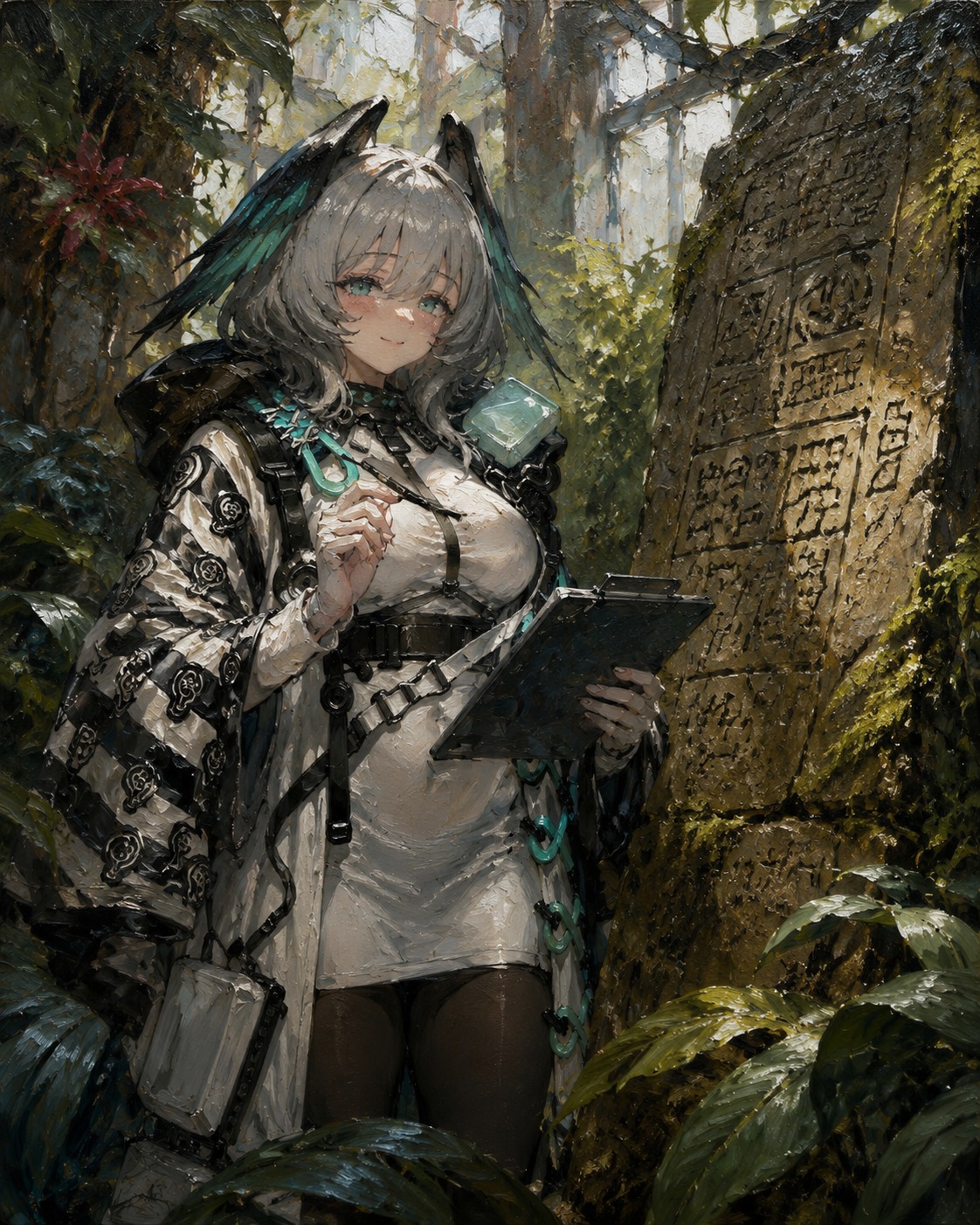 Deciphering an ancient stone tablet In a humid tropical greenhouse (oil painting style, heavy brushstrokes)