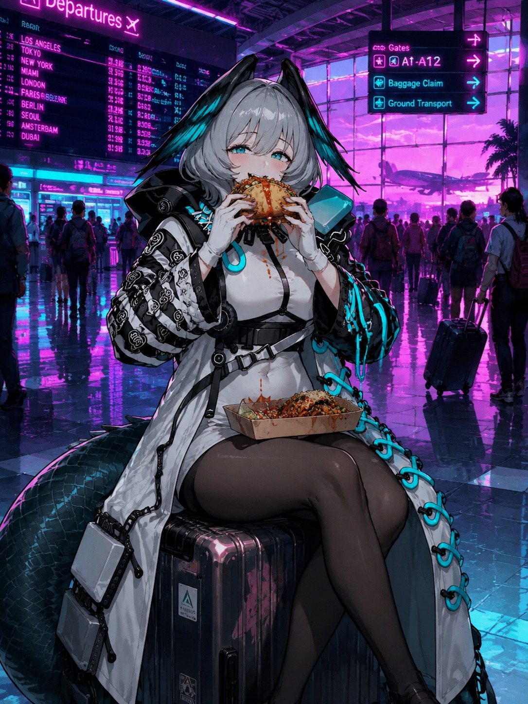 Eating a messy street taco At a bustling modern airport terminal (synthwave aesthetic, neon glow)