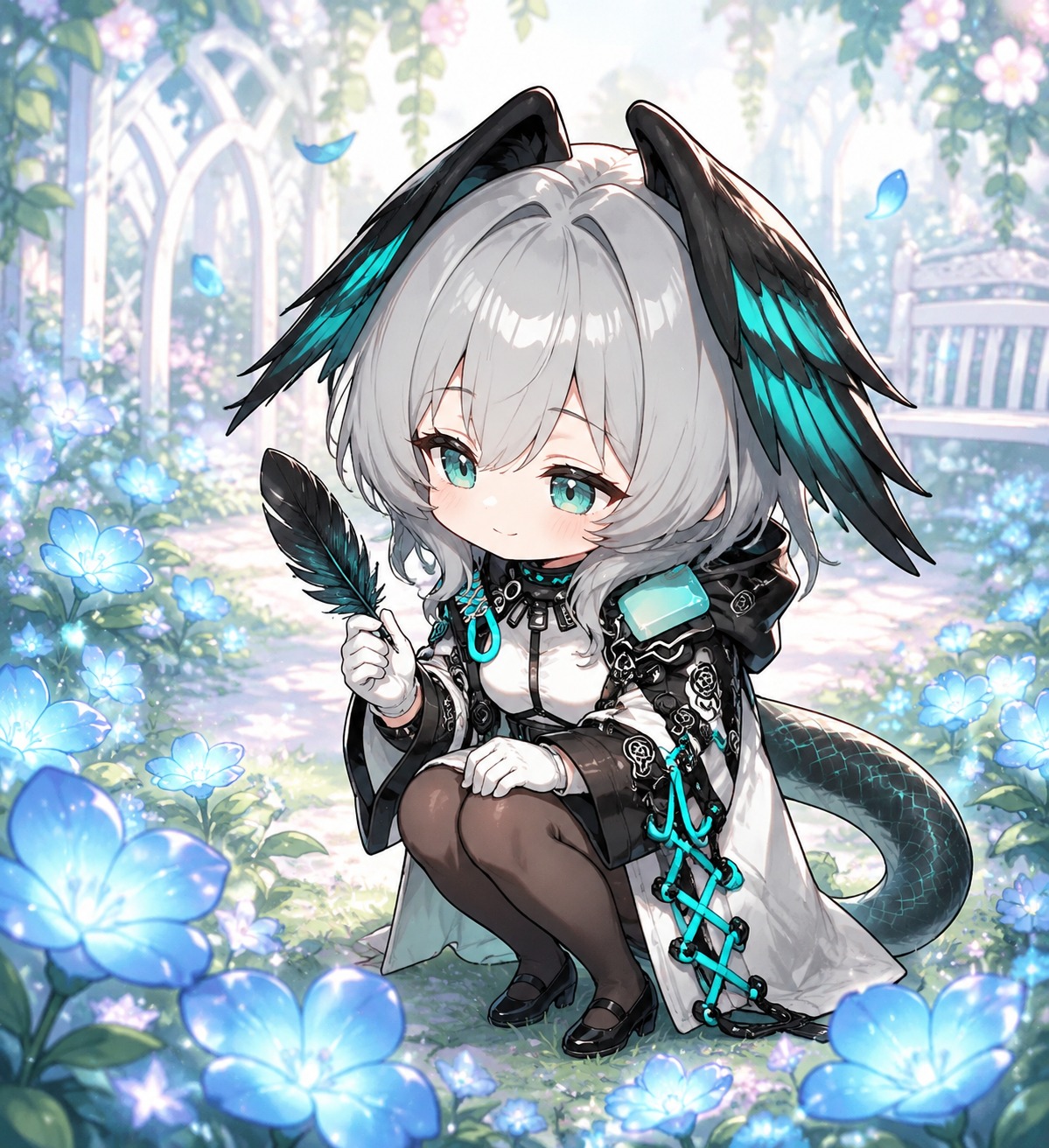 Examining a single black feather In a garden of glowing blue flowers (chibi illustration, pastel colors)