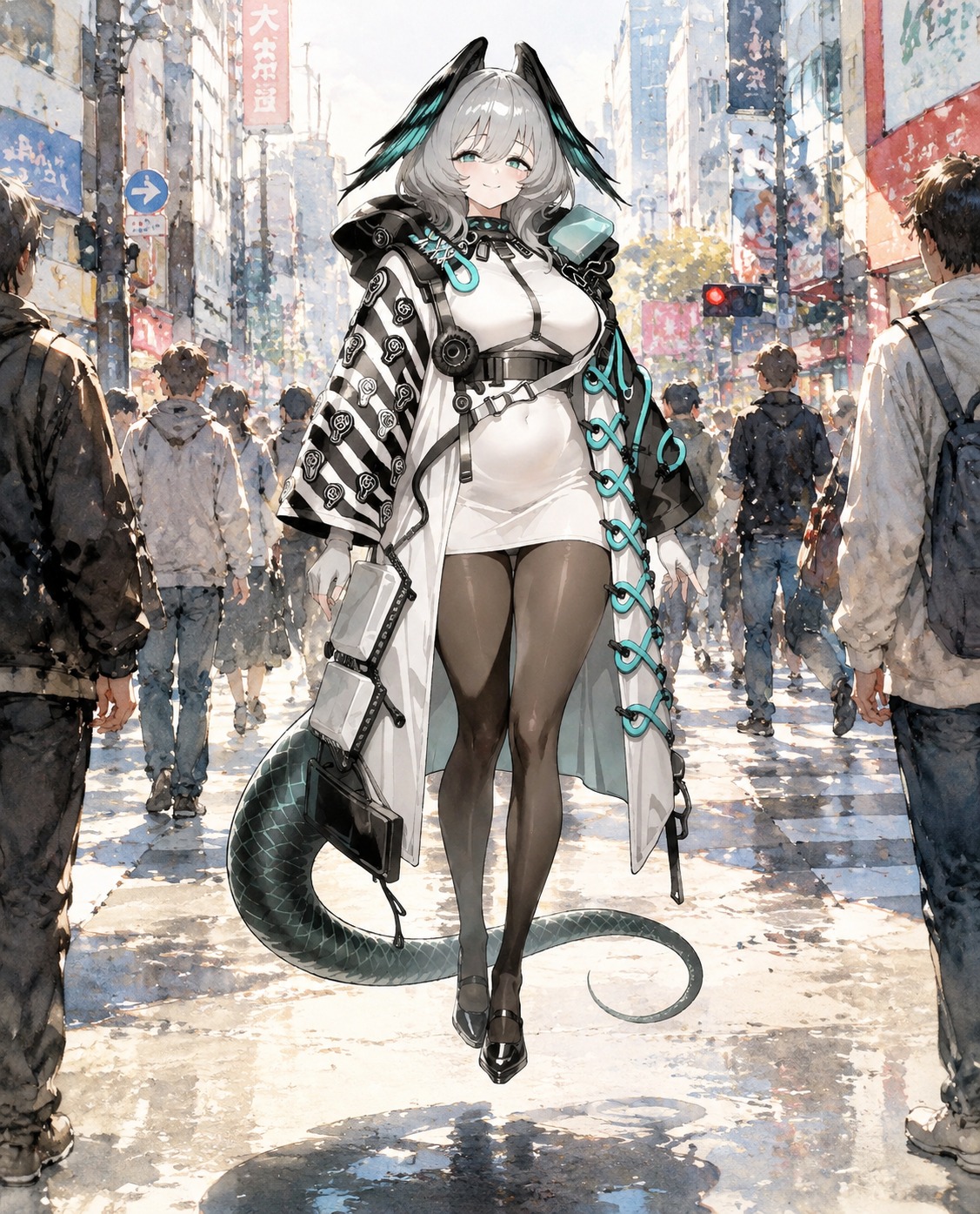 Hovering inches above the floor On a crowded urban street corner (watercolor anime, soft sunlight)