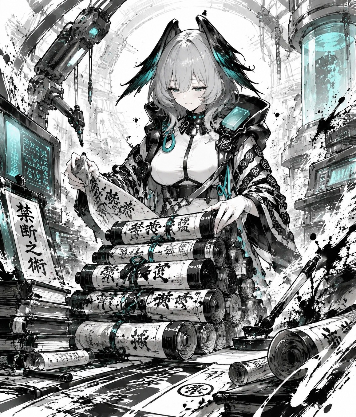 Organizing a stack of forbidden scrolls At the center of a high-tech laboratory (sketch style, dynamic ink splashes)