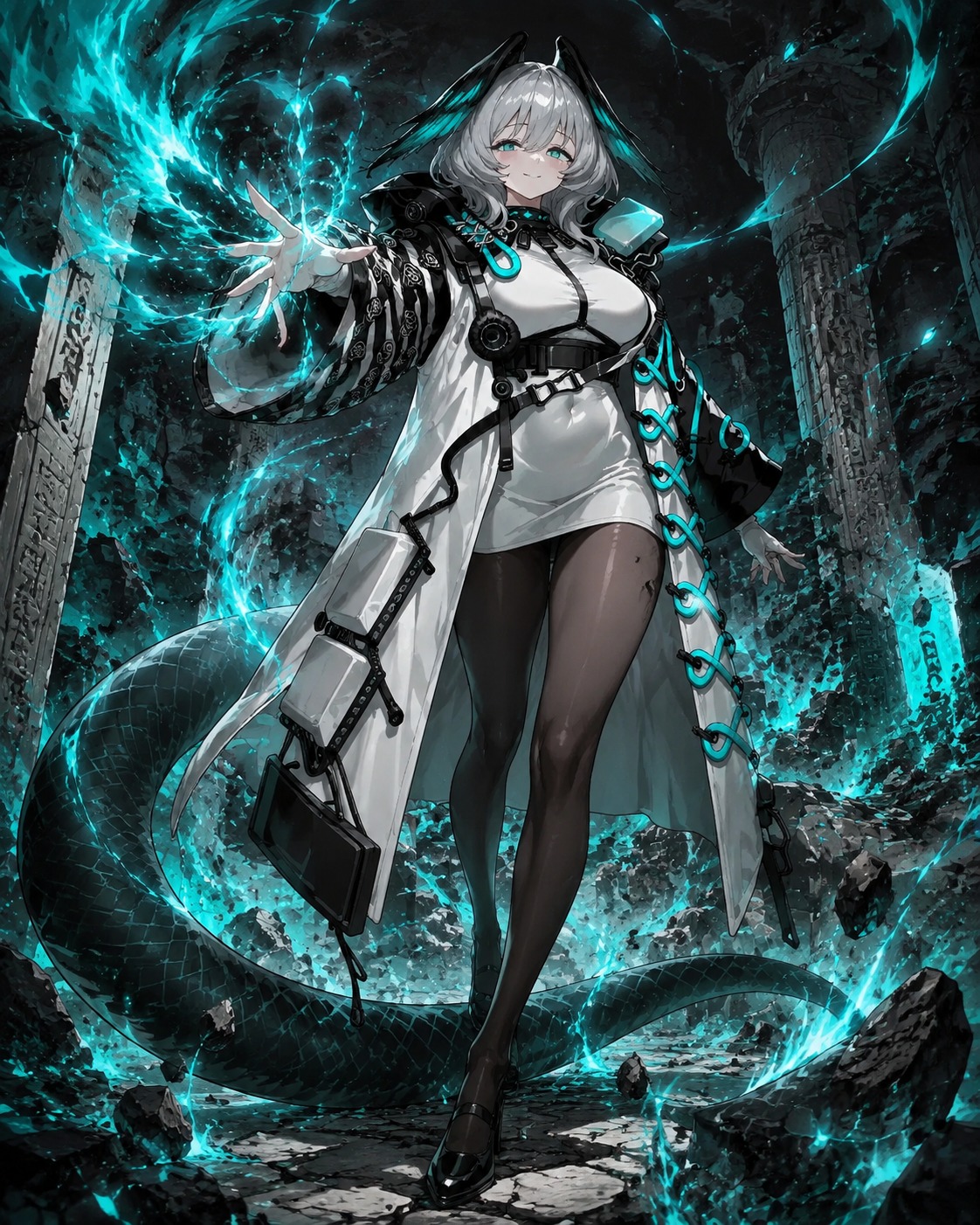 Unleashing a burst of azure energy In a crumbling underground tomb (hyper-detailed digital art, intricate lines)