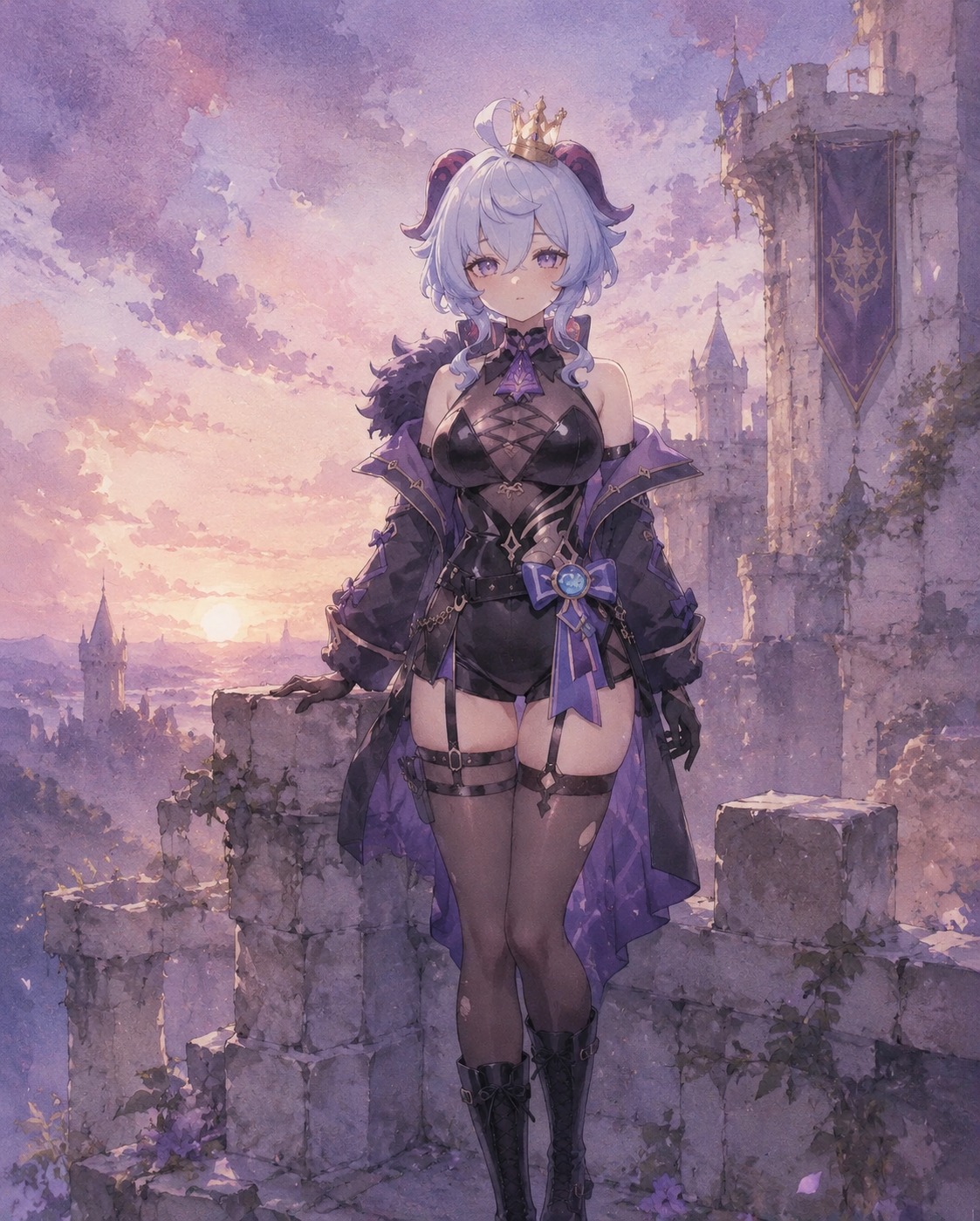 Balancing a miniature golden crown on his head On a crumbling castle battlement at dusk (soft watercolor, ethereal pastel palette)