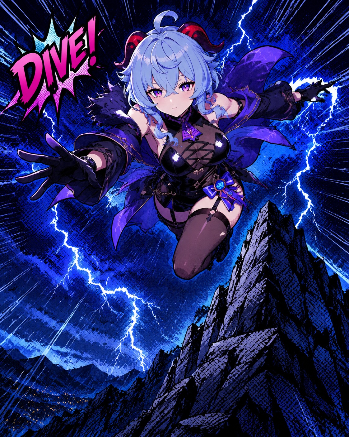 Diving through a torrential midnight thunderstorm At the peak of a jagged mountain cliff (vibrant pop art, halftone dot patterns)