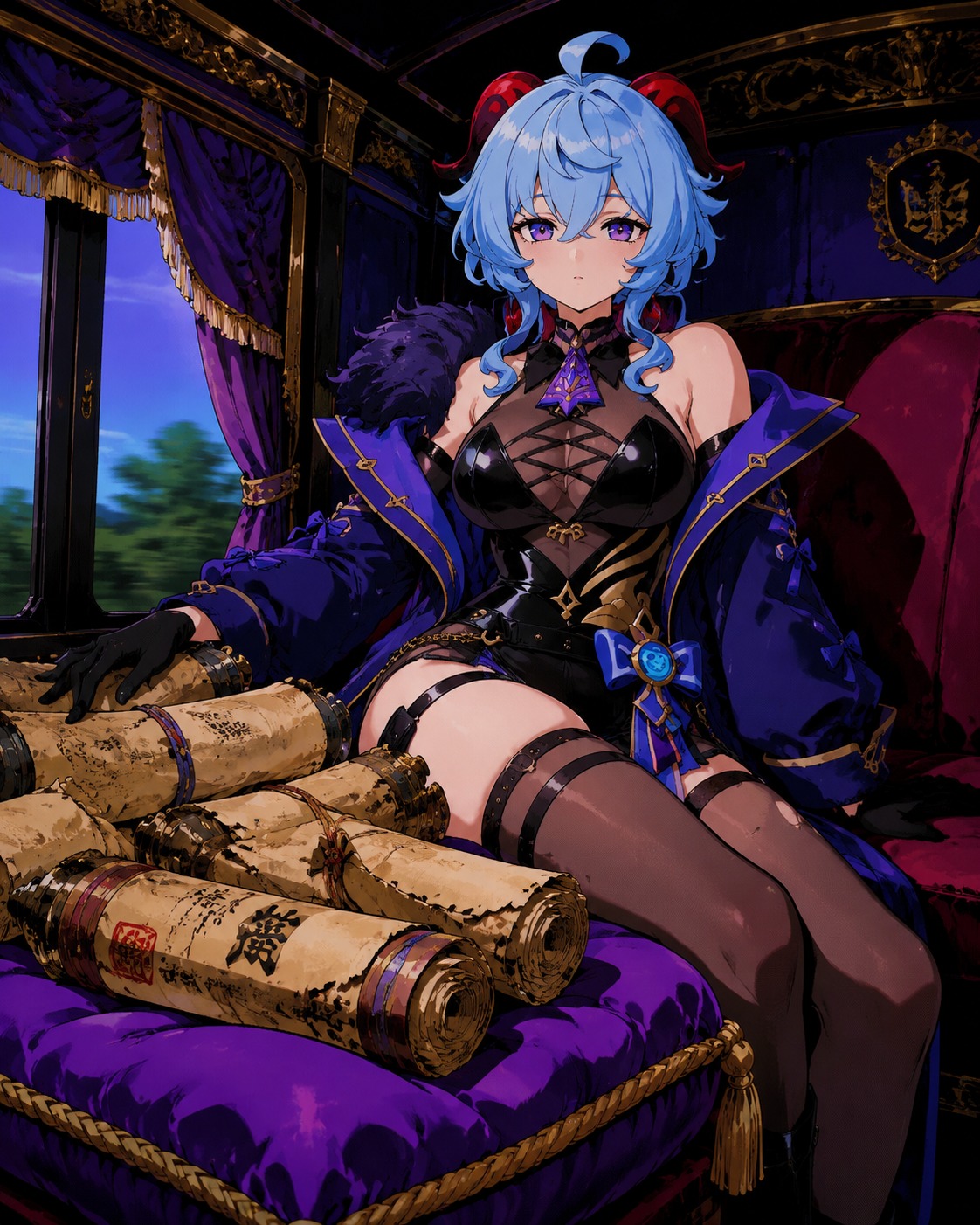 Guarding a pile of ancient forbidden scrolls On a velvet cushion inside a royal carriage (90s retro anime, vibrant cel shading)