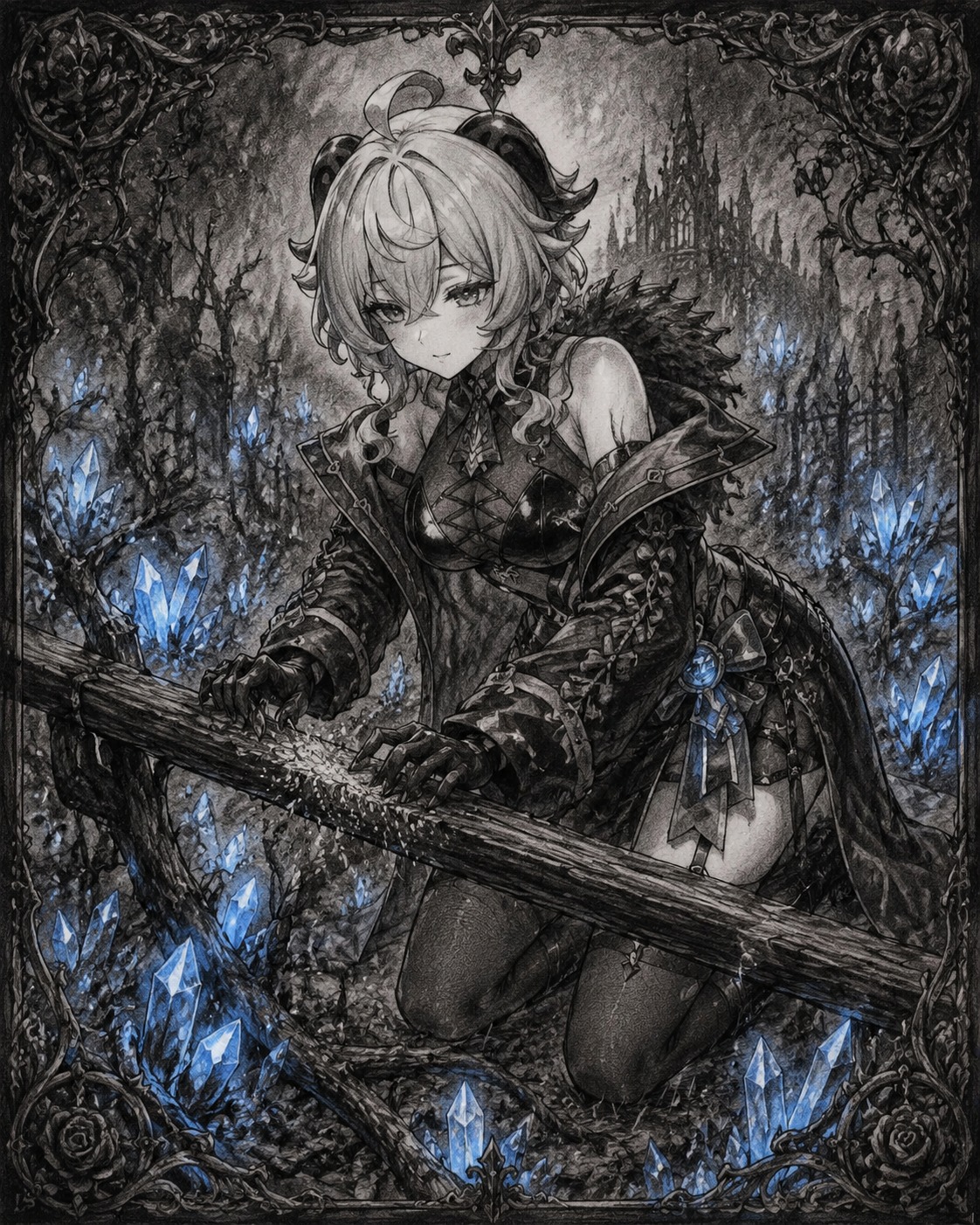 Sharpening his talons against a cedar wood perch In a field of glowing blue crystal marrow (gothic victorian, ornate charcoal sketch)