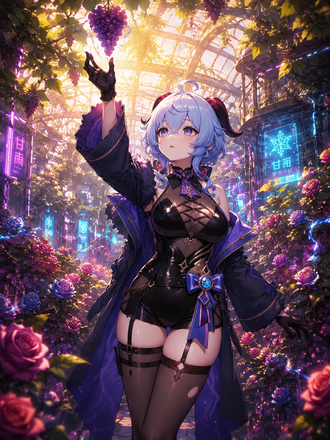 Snatching a falling grape from mid-air In a sun-drenched greenhouse filled with exotic roses (cyberpunk neon, glowing electric accents)