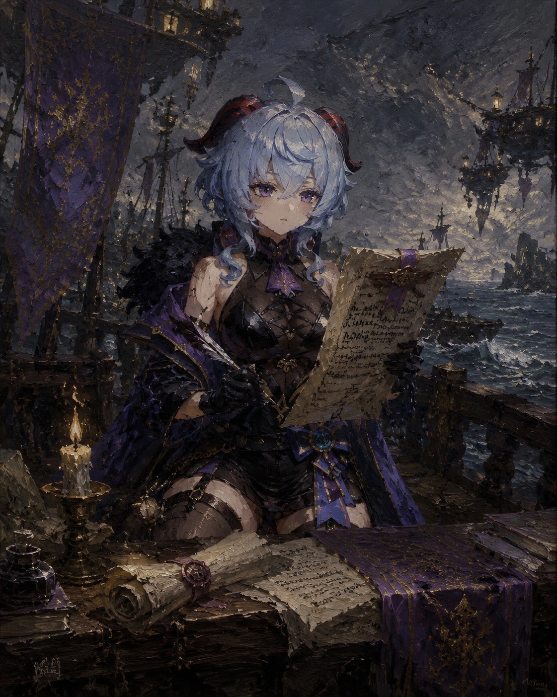 Translating a complex royal decree with a bow On a floating wooden ship deck at sea (gritty dark fantasy, heavy oil brushstrokes)