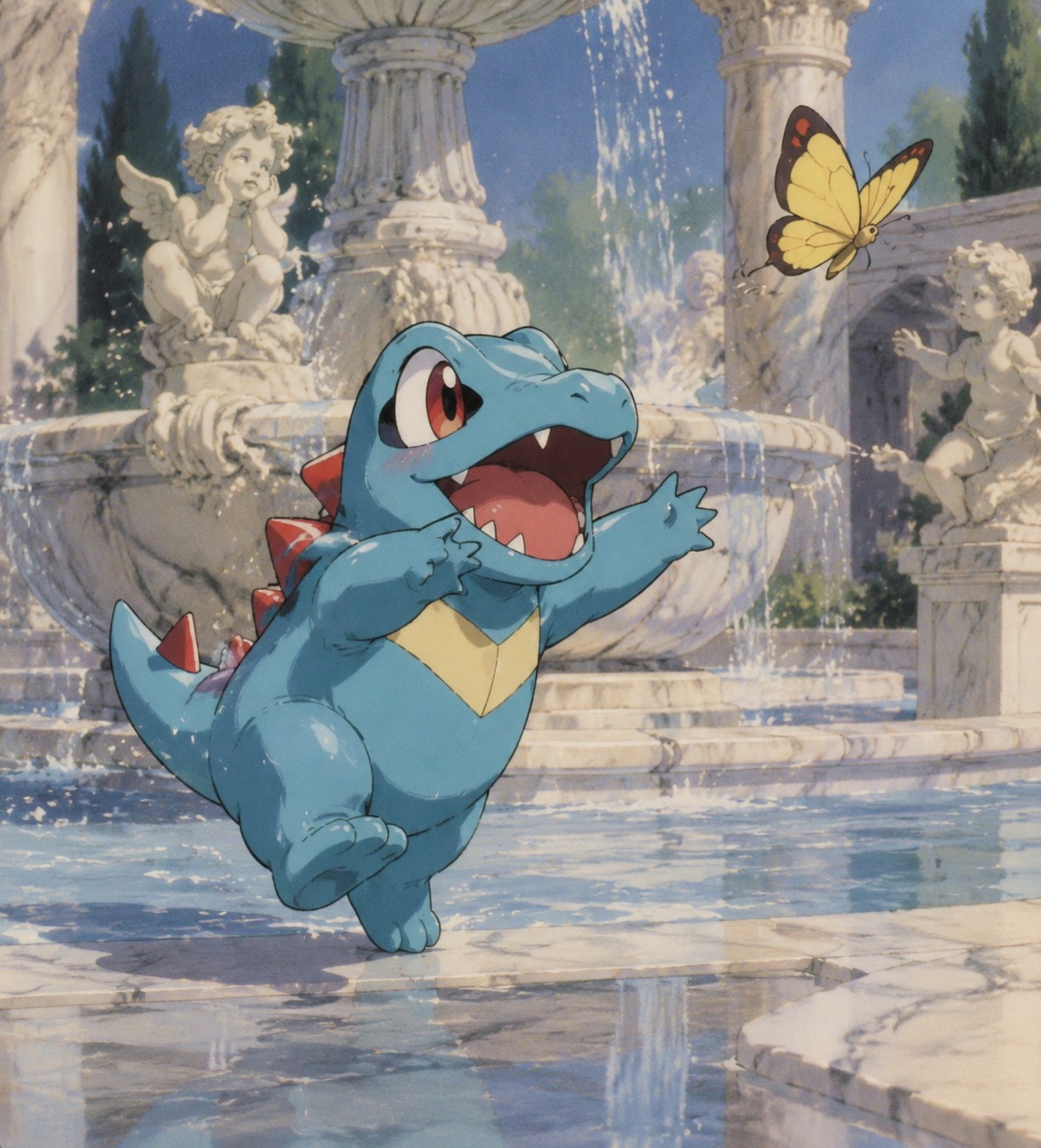 Chasing a fluttering yellow butterfly In a grand marble fountain (retro 90s hand-drawn cel style)