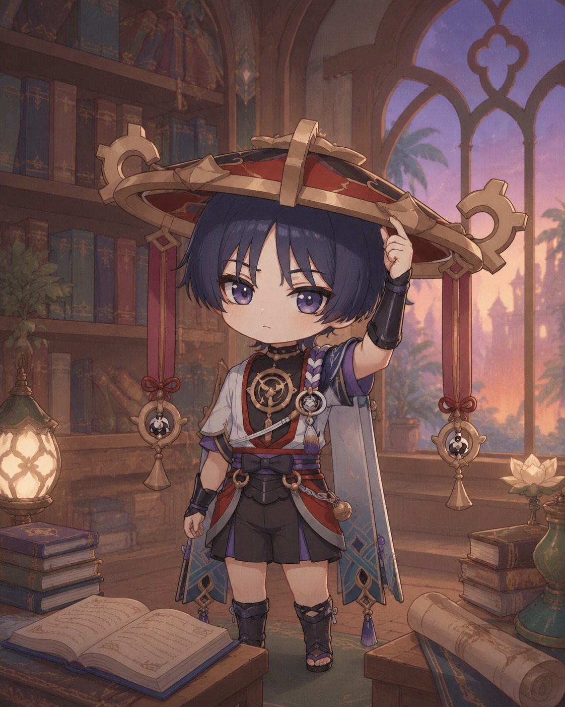 Adjusting the brim of his large hat In a quiet Sumeru library at dusk (chibi cute, pastel palette)