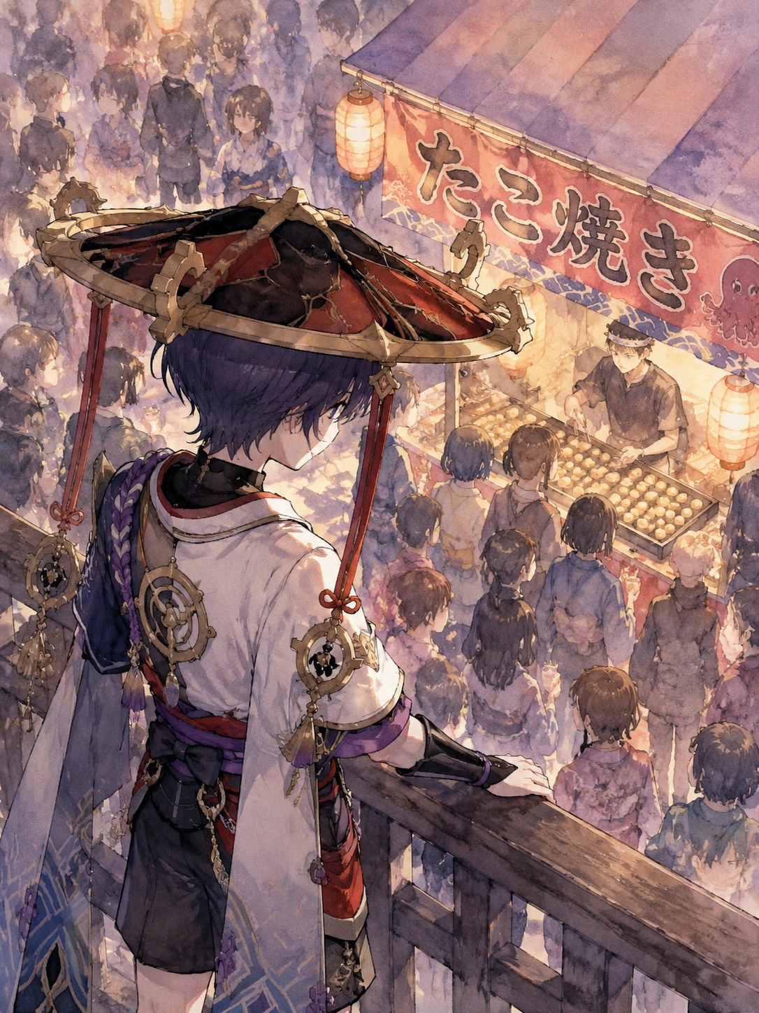 Gazing down from a high vantage point At a crowded festival food stall (watercolor anime, soft lighting)