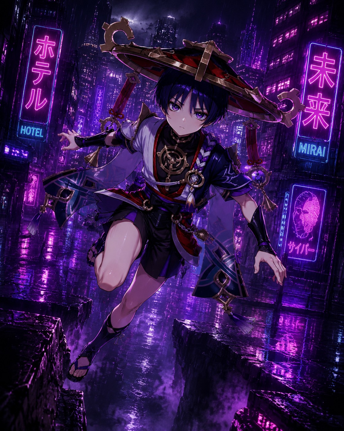 Leaping across a treacherous mountain chasm On a rainy city street with neon signs (synthwave aesthetic, neon glow and purple hues)