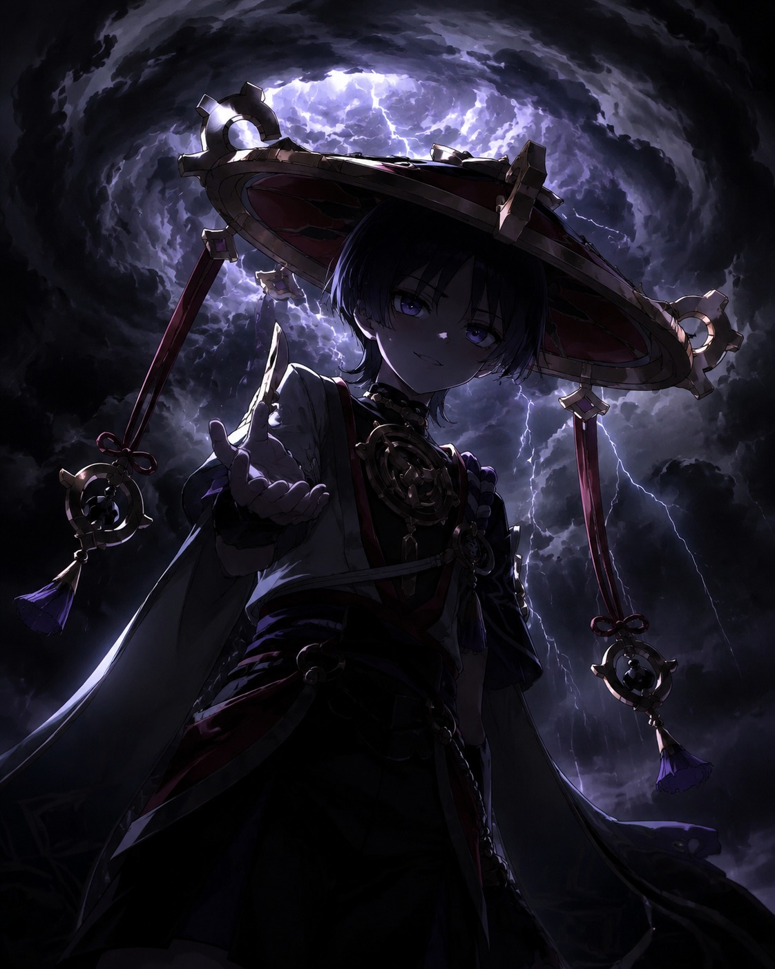 Mocking the viewer with a sneer At the eye of a raging thunderstorm (cinematic noir, dramatic shadows)