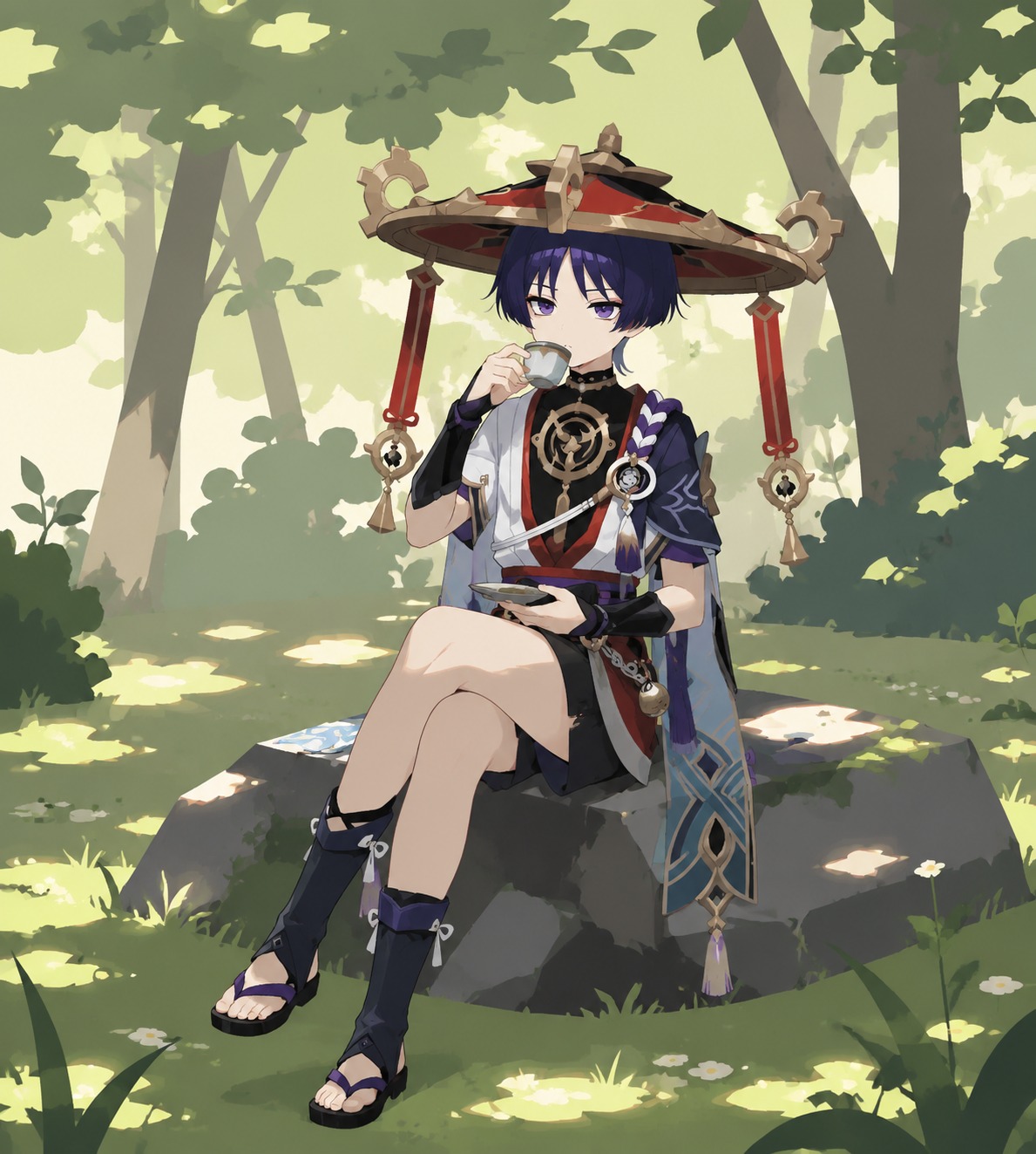 Nursing a bitter cup of tea In a sun-dappled forest clearing (flat vector art, minimalist design)