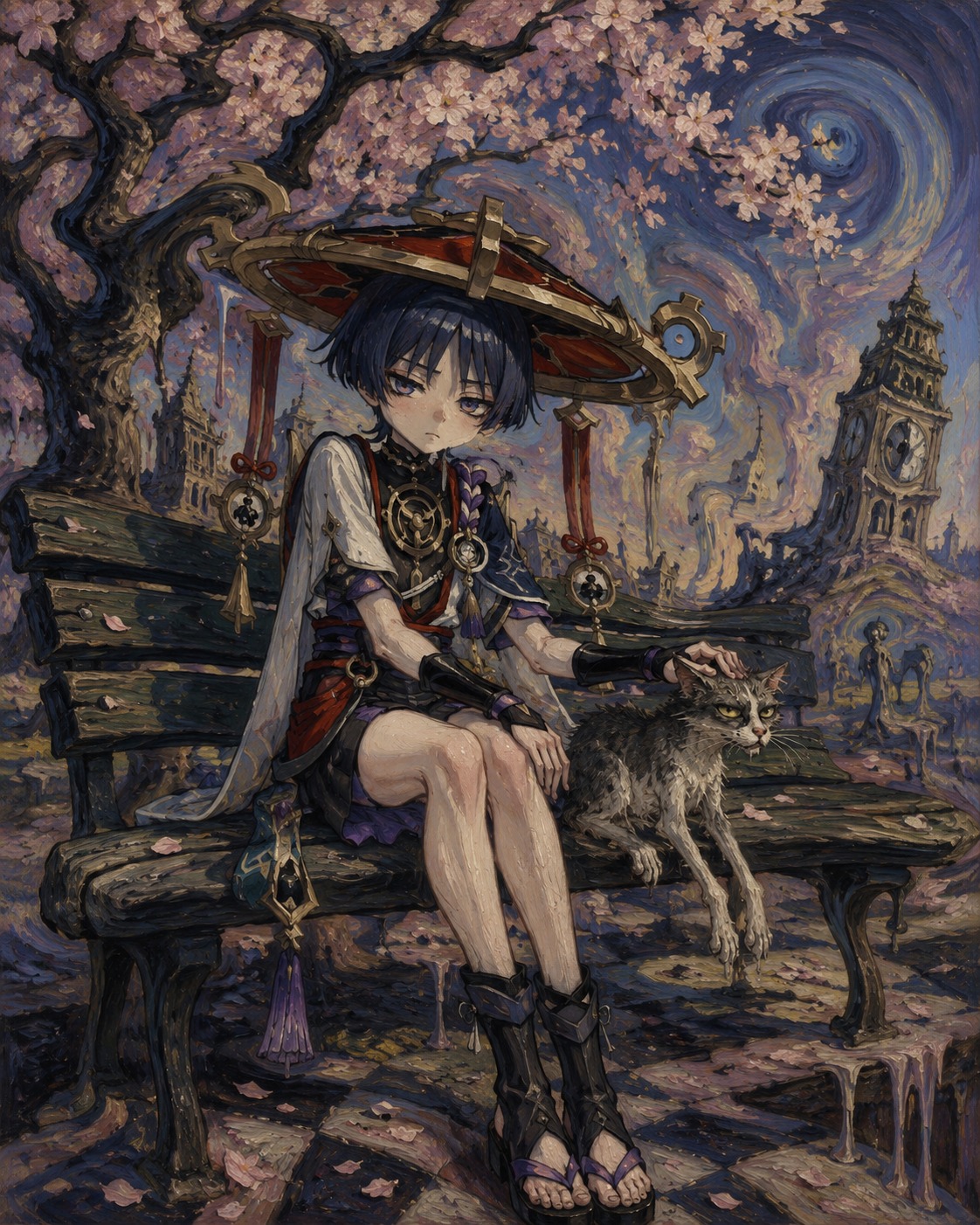 Patting a stray cat with visible reluctance On a bench under blooming cherry blossoms (surrealist oil painting, distorted proportions)