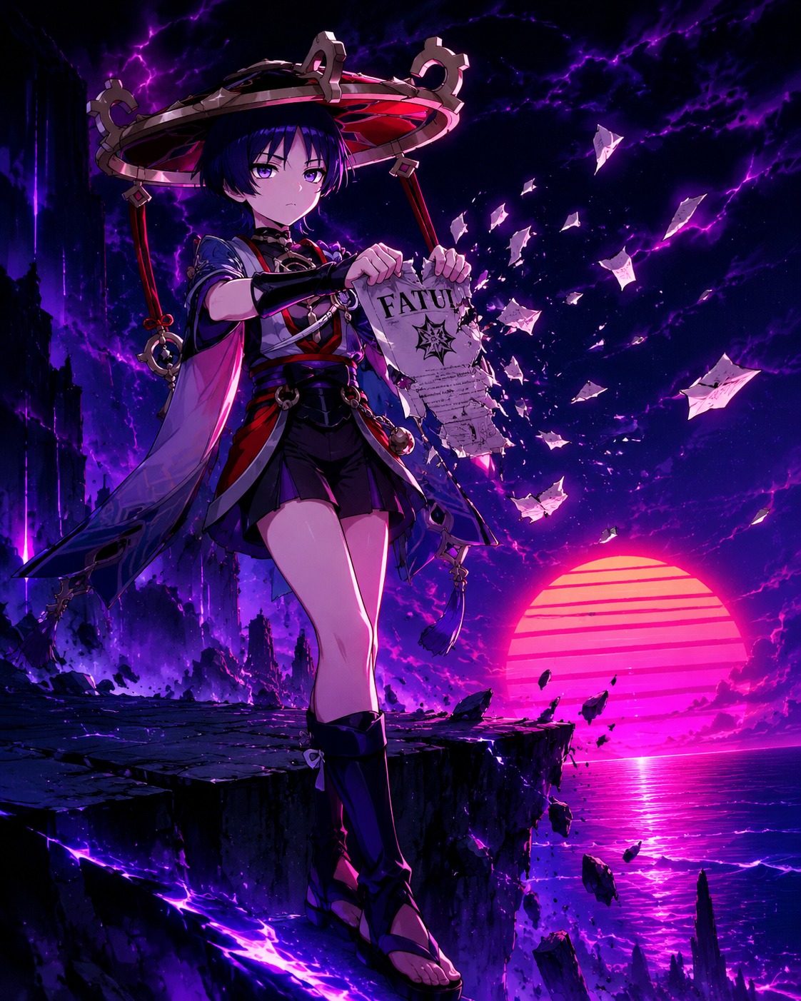 Shredding a fatui document into pieces At the edge of a crumbling stone cliff (synthwave aesthetic, neon glow and purple hues)