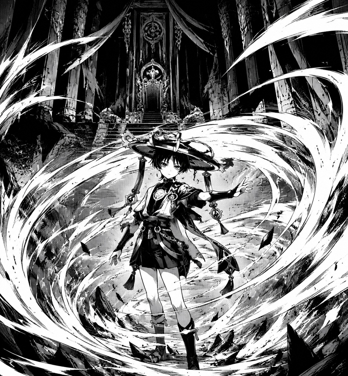 Summoning a violent swirl of anemo In the deserted throne room of a palace (high-contrast manga, heavy ink strokes)