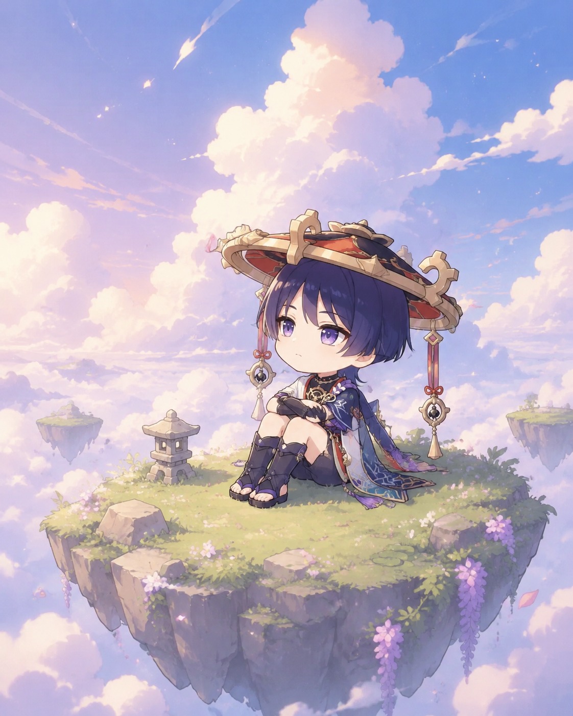 Watching the clouds pass in silence On a floating island above the clouds (chibi cute, pastel palette)