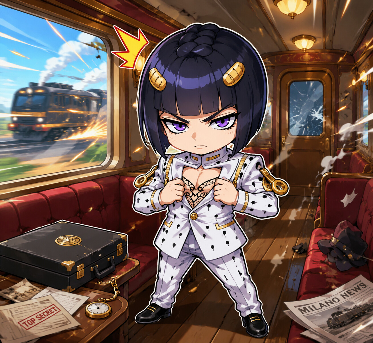 Adjusting his white suit jacket with a stern expression in a train compartment during a high-speed chase (chibi style)