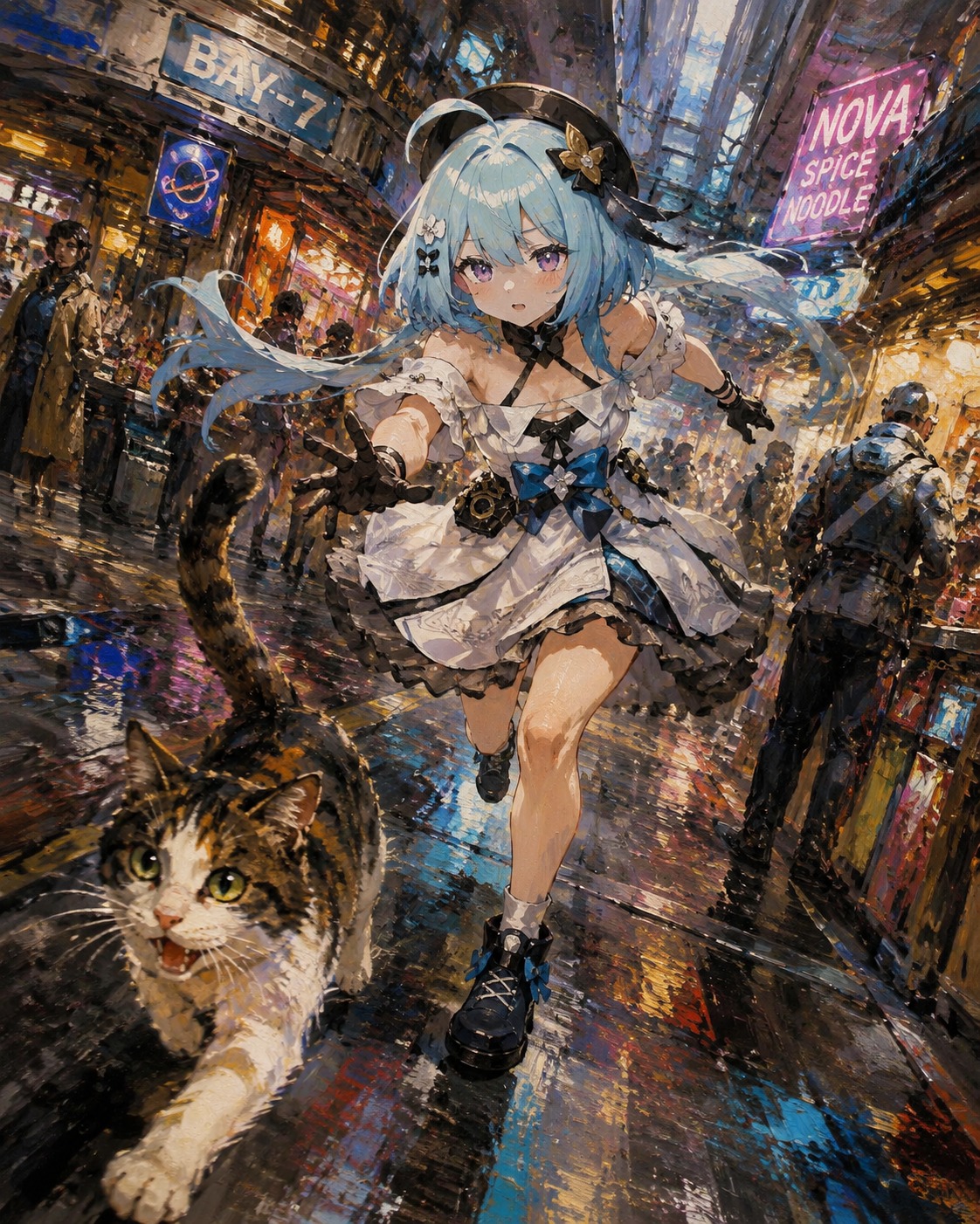 Chasing a stray cat through narrow halls At a bustling space station marketplace (vibrant oil painting, heavy brushstrokes)