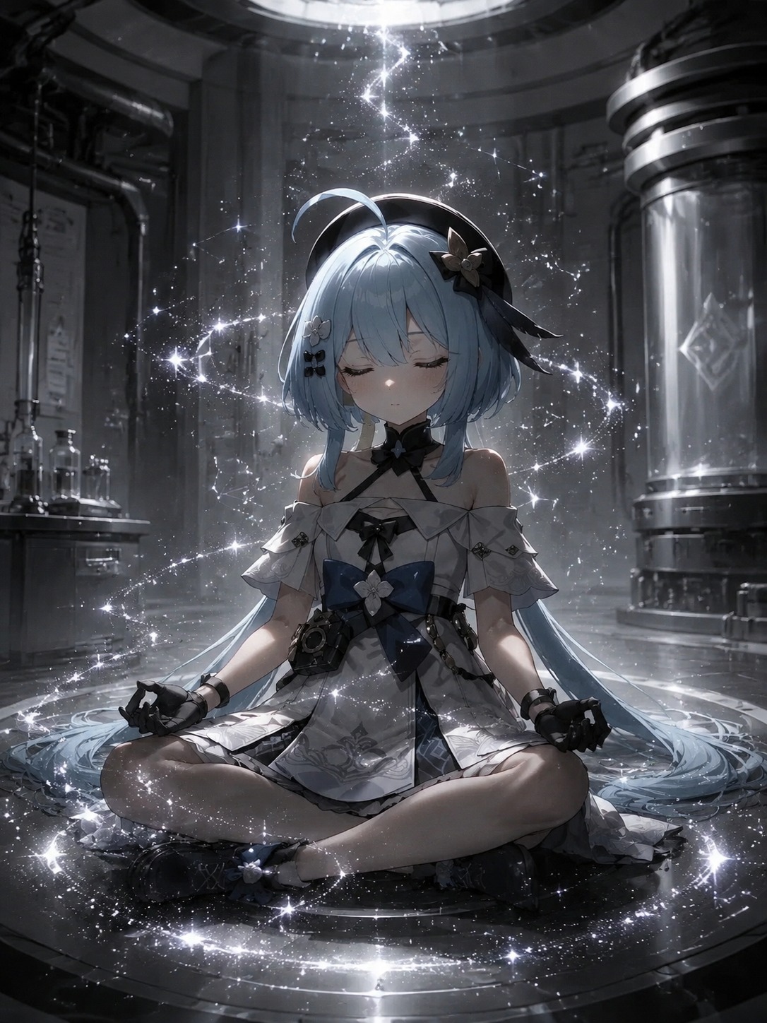 Meditating amidst a swirl of glowing stardust In a sterile white laboratory chamber (cinematic noir, dramatic shadows and silver highlights)