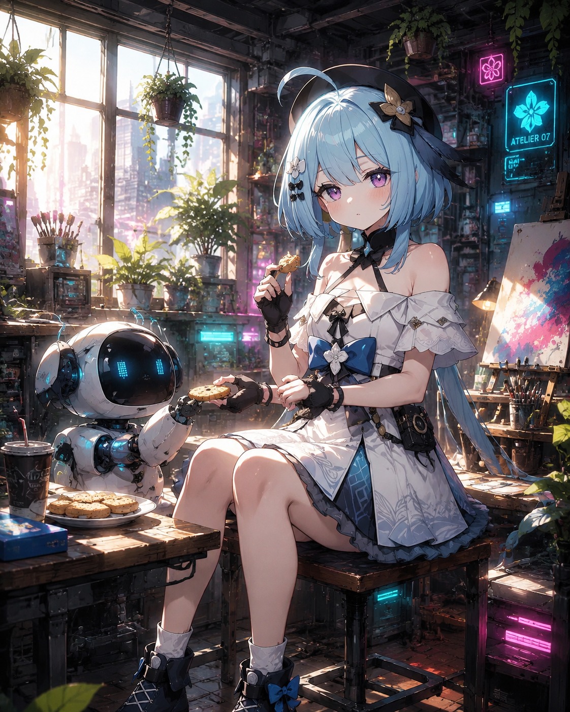 Sharing a snack with a small robot In a sunlit art studio filled with plants (futuristic cyberpunk, neon glow and dark metal)