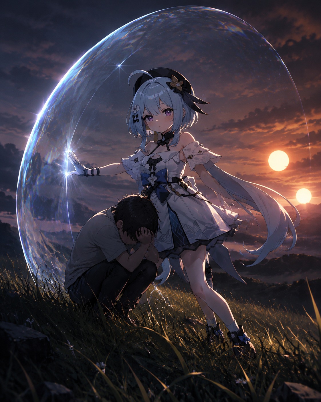 Shielding a civilian with a shimmering barrier On a grassy hill under a double sunset (cinematic noir, dramatic shadows and silver highlights)
