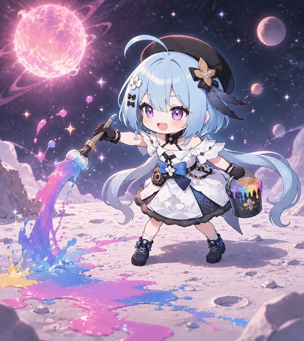 Splashing vibrant ink across the floor On a desolate moon overlooking a dying star (pastel chibi art, cute and bubbly)