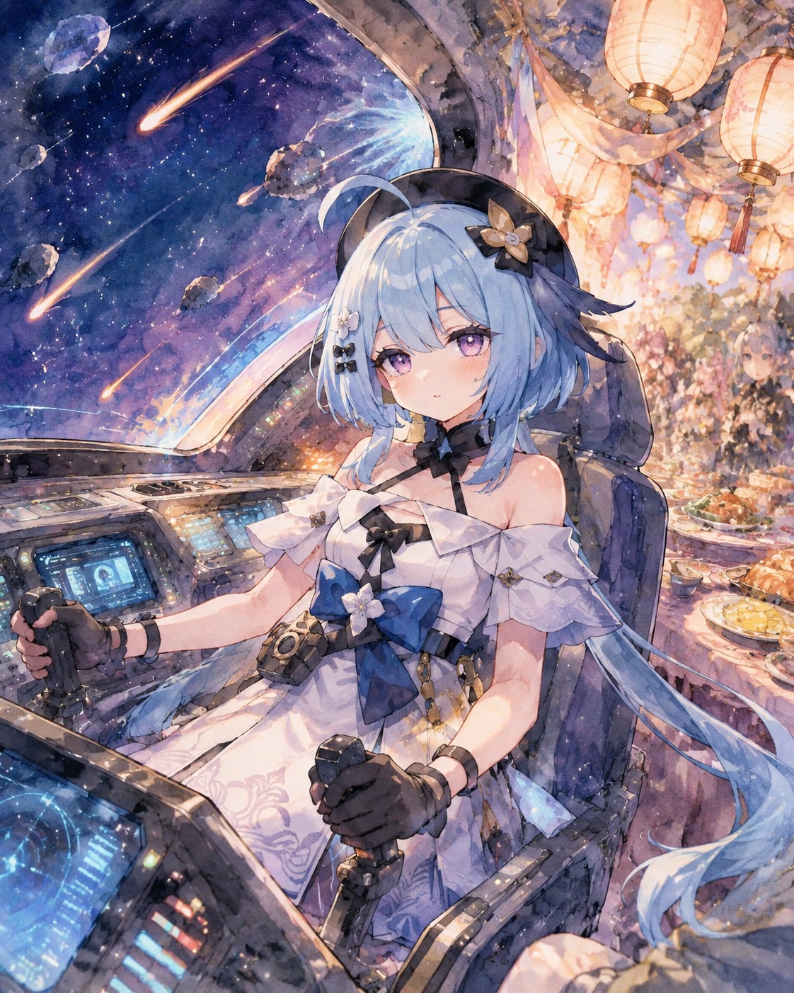 Steering a spacecraft through a meteor shower At a festive banquet under hanging lanterns (watercolor anime, soft ethereal lighting)