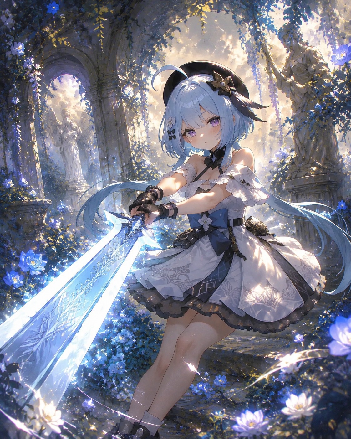 Swinging a massive luminous broadsword In a forgotten garden overgrown with glowing flowers (classical renaissance, golden ratio composition)