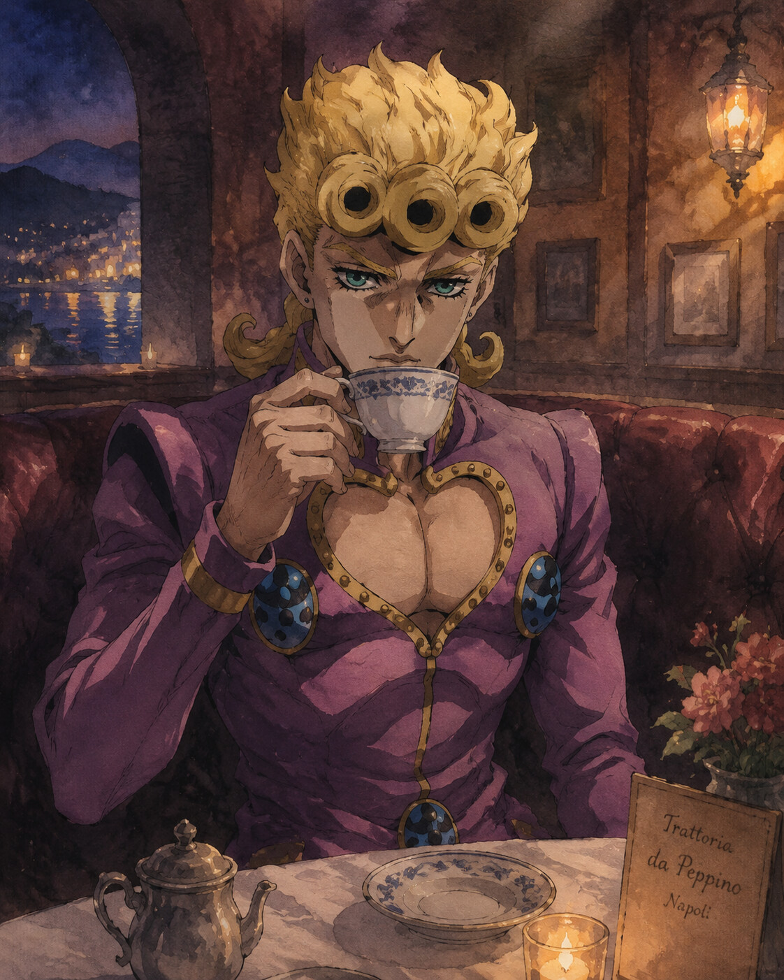 Drinking tea from a porcelain cup in a dimly lit Neapolitan restaurant booth (soft watercolor anime)