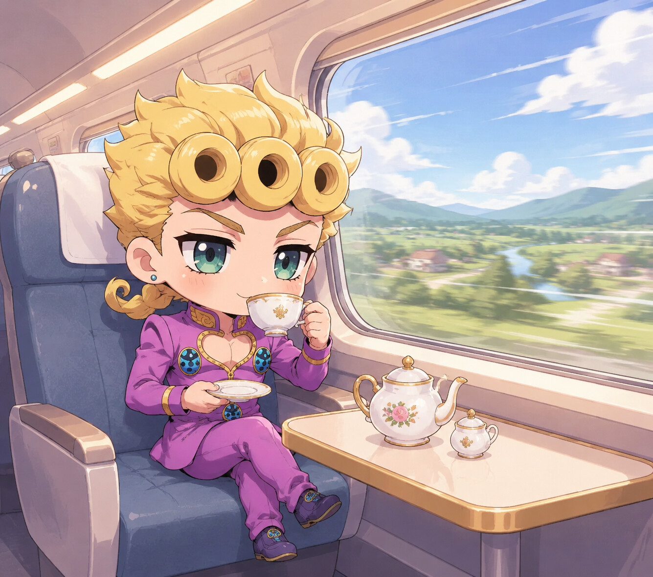 Drinking tea from a porcelain cup on a high-speed train speeding through the countryside (chibi style)