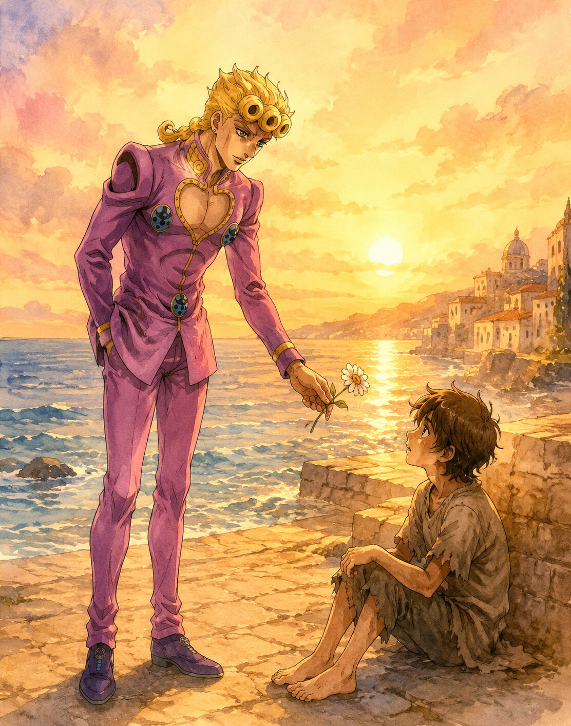Offering a flower to a street child at a golden sunset by the Mediterranean sea (soft watercolor anime)