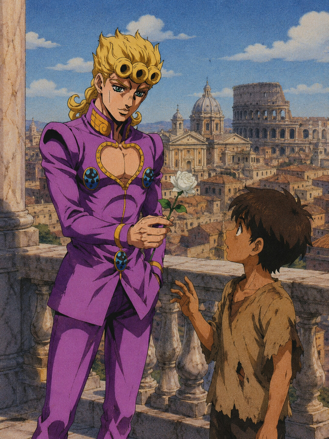 Offering a flower to a street child on a marble balcony overlooking the city of Rome (90s retro anime aesthetic)