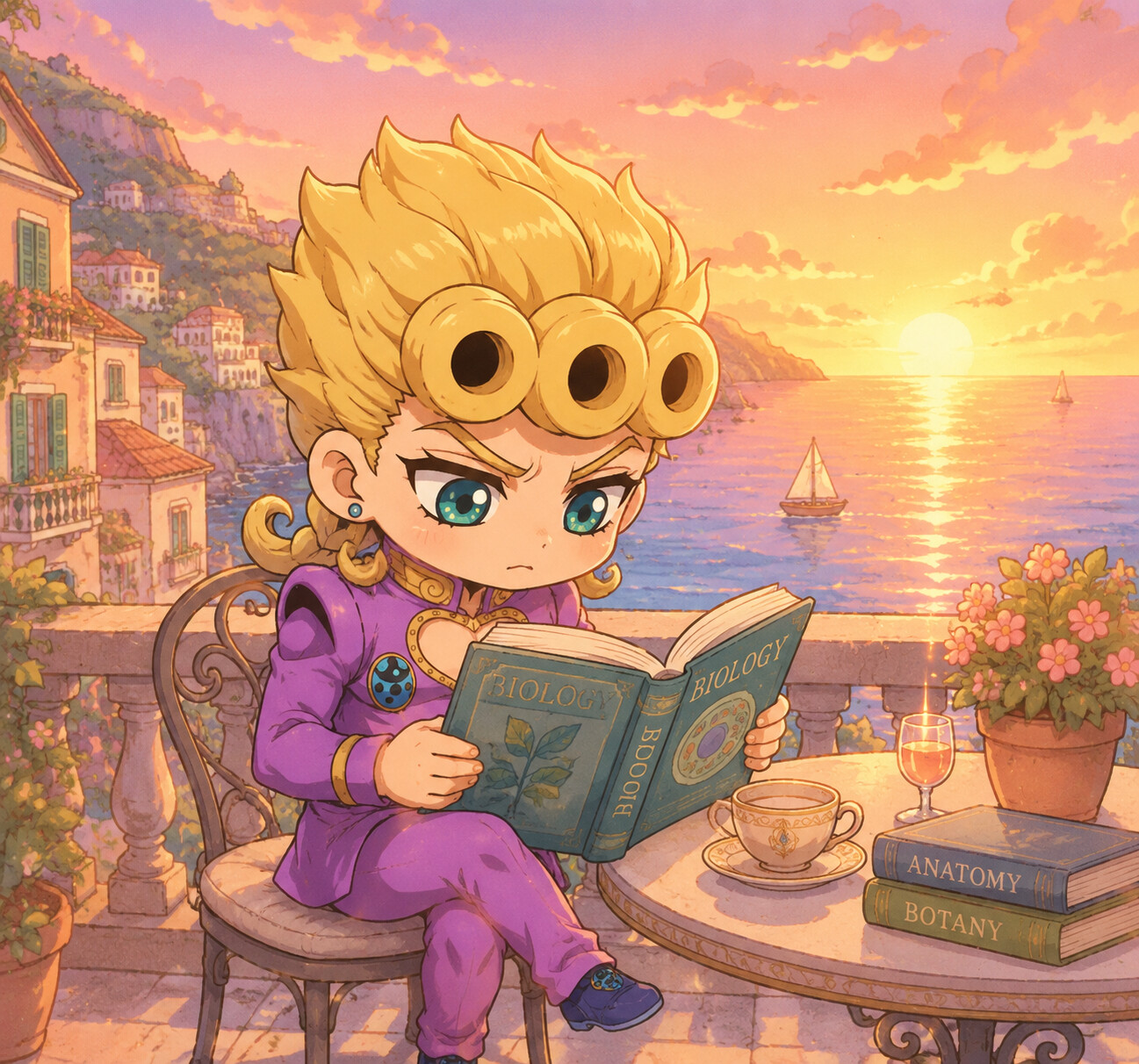 Reading a biology textbook intently at a golden sunset by the Mediterranean sea (chibi style)