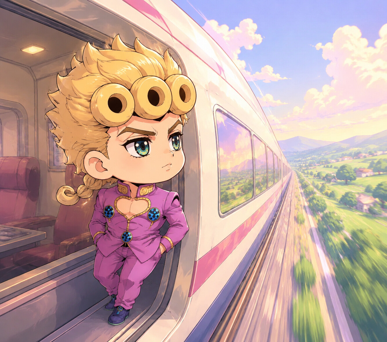 Staring intensely at a distant horizon on a high-speed train speeding through the countryside (chibi style)