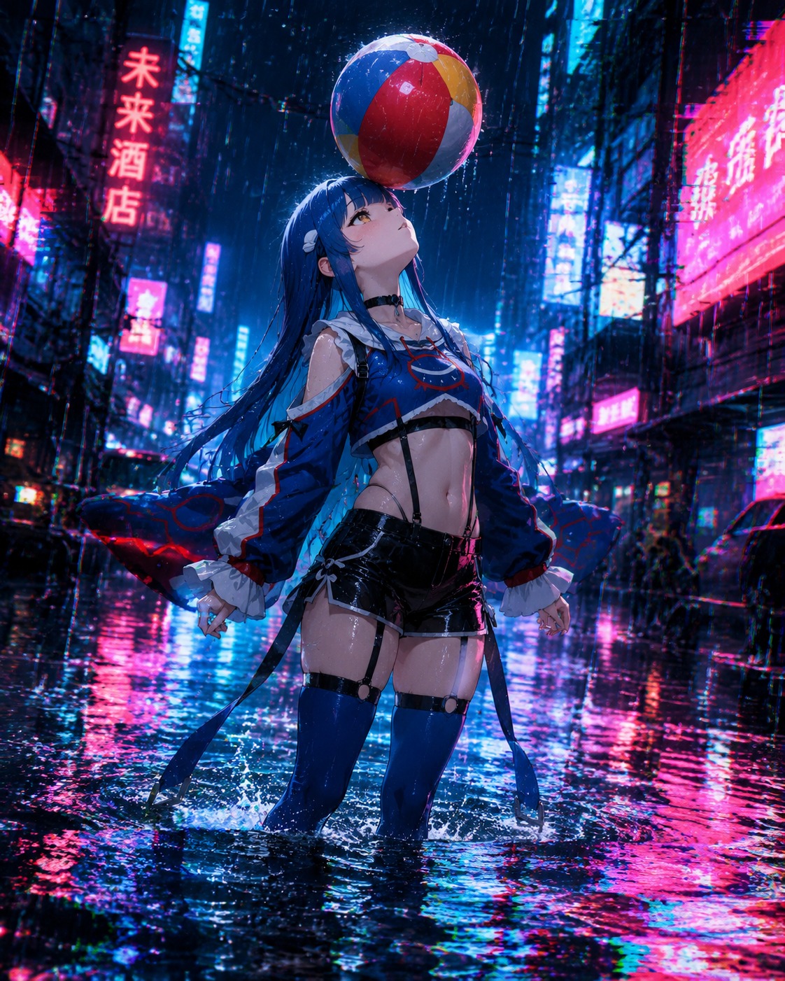 Balancing a colorful beach ball on its nose In a flooded city street during a monsoon (cyberpunk glitched art, high contrast)