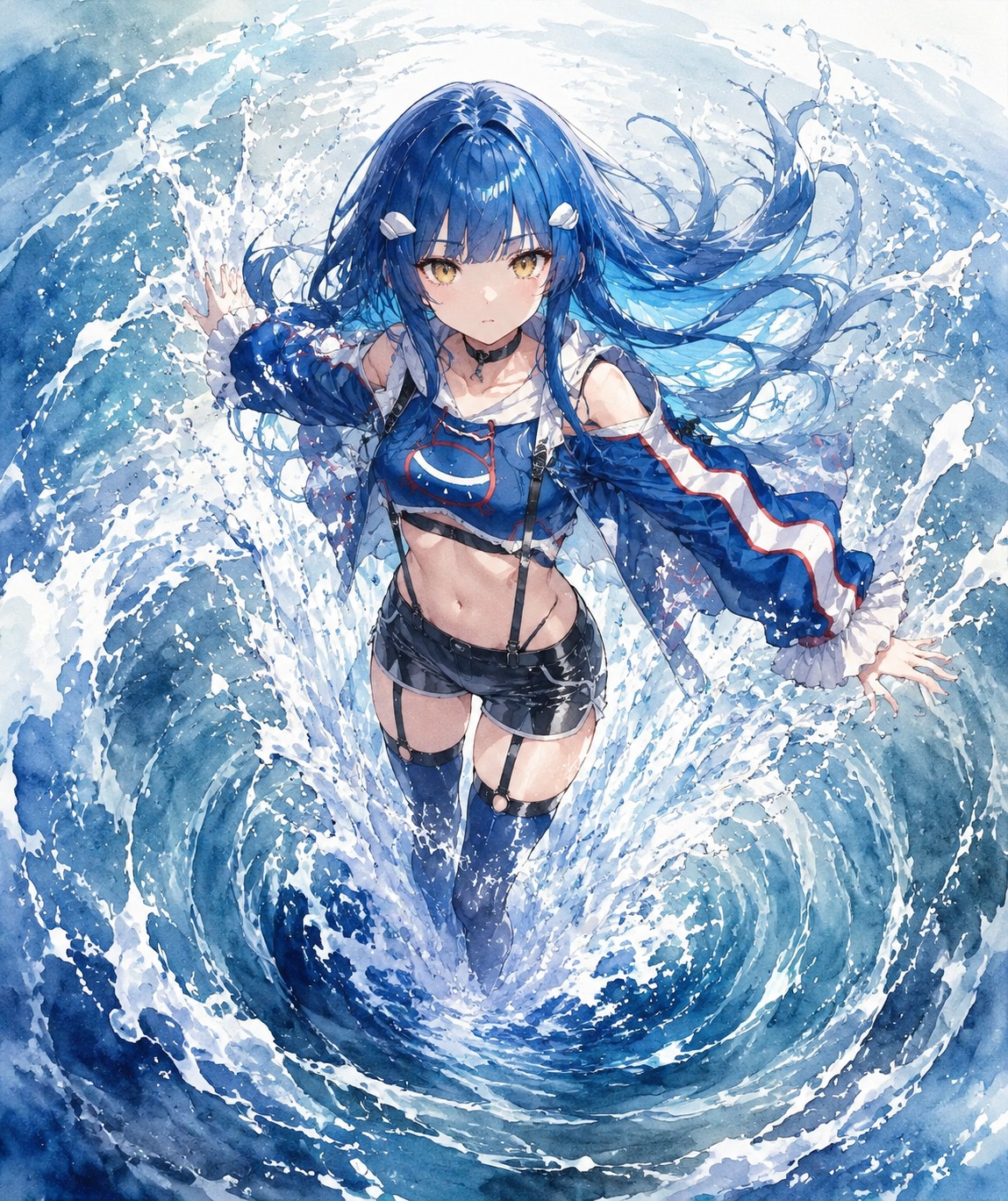 Breaching the ocean surface in a spray In the heart of a swirling whirlpool (watercolor anime, soft lighting)