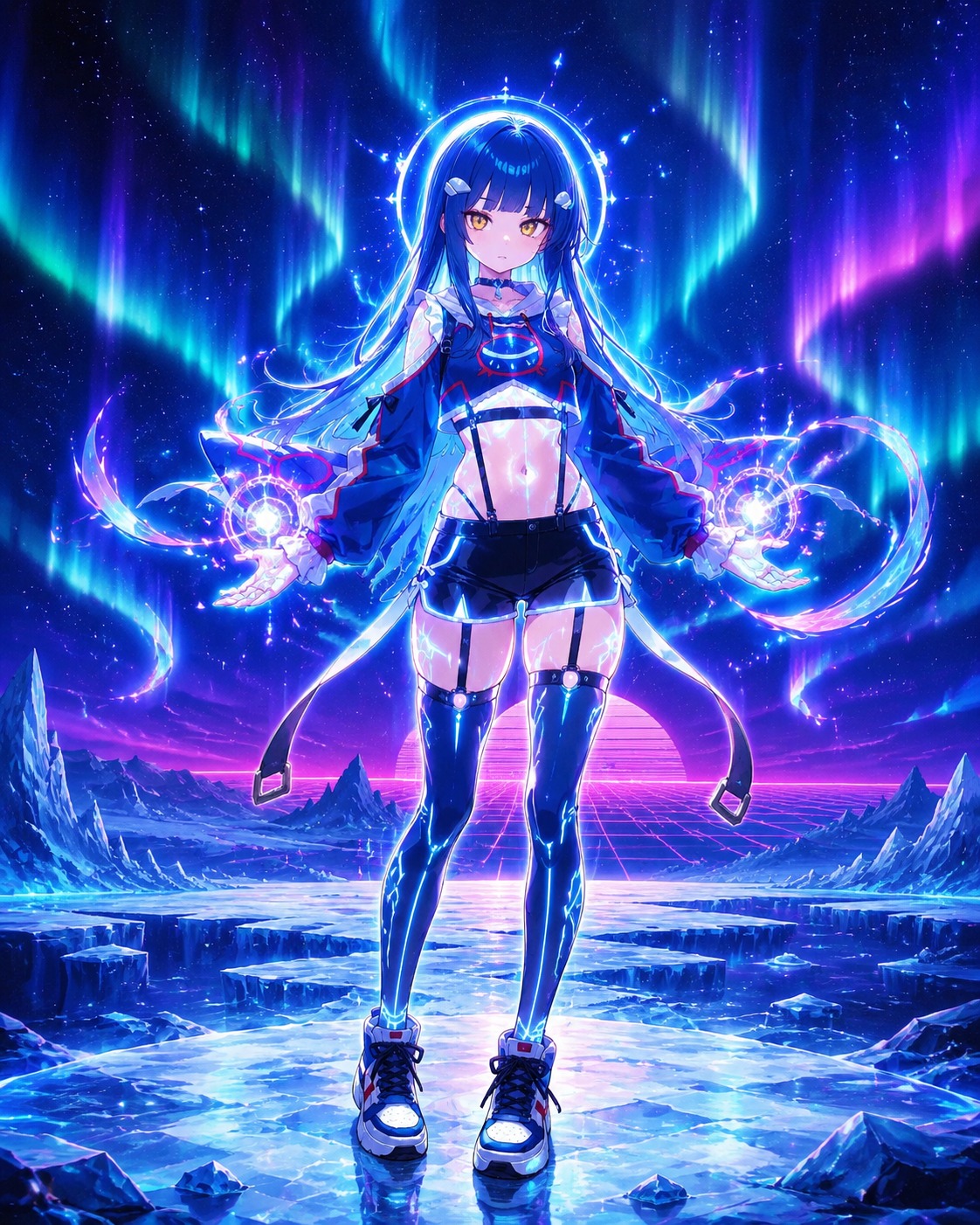 Channeling origin pulse with glowing patterns On a frozen arctic shelf under aurora borealis (synthwave, neon glow and retro-futuristic grid)