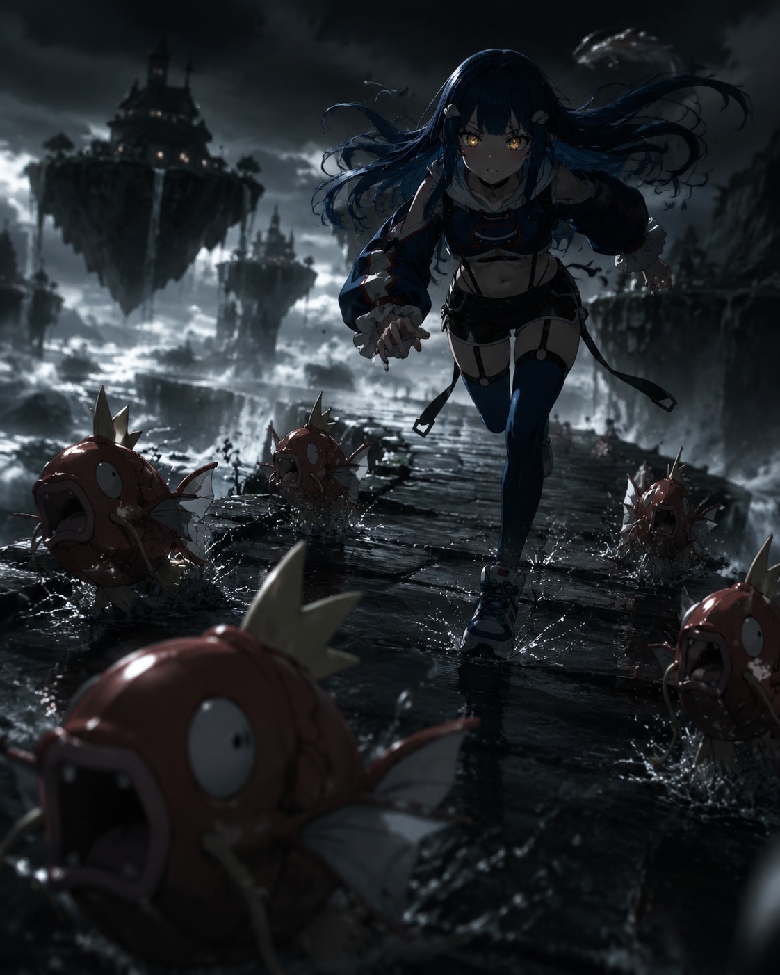 Chasing a school of frightened magikarp At a floating island above the clouds (cinematic noir, dramatic shadows)