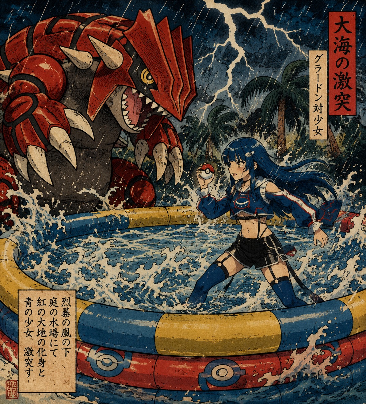 Clashing with groudon during a storm In a giant inflatable backyard pool (ukiyo-e woodblock print, bold ink lines)