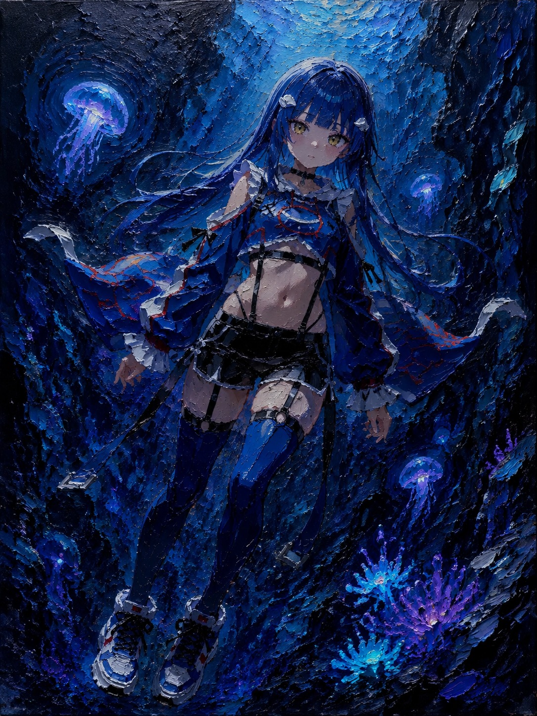Gliding silently through the dark abyss In a deep bioluminescent trench (oil painting, thick impasto brushstrokes)