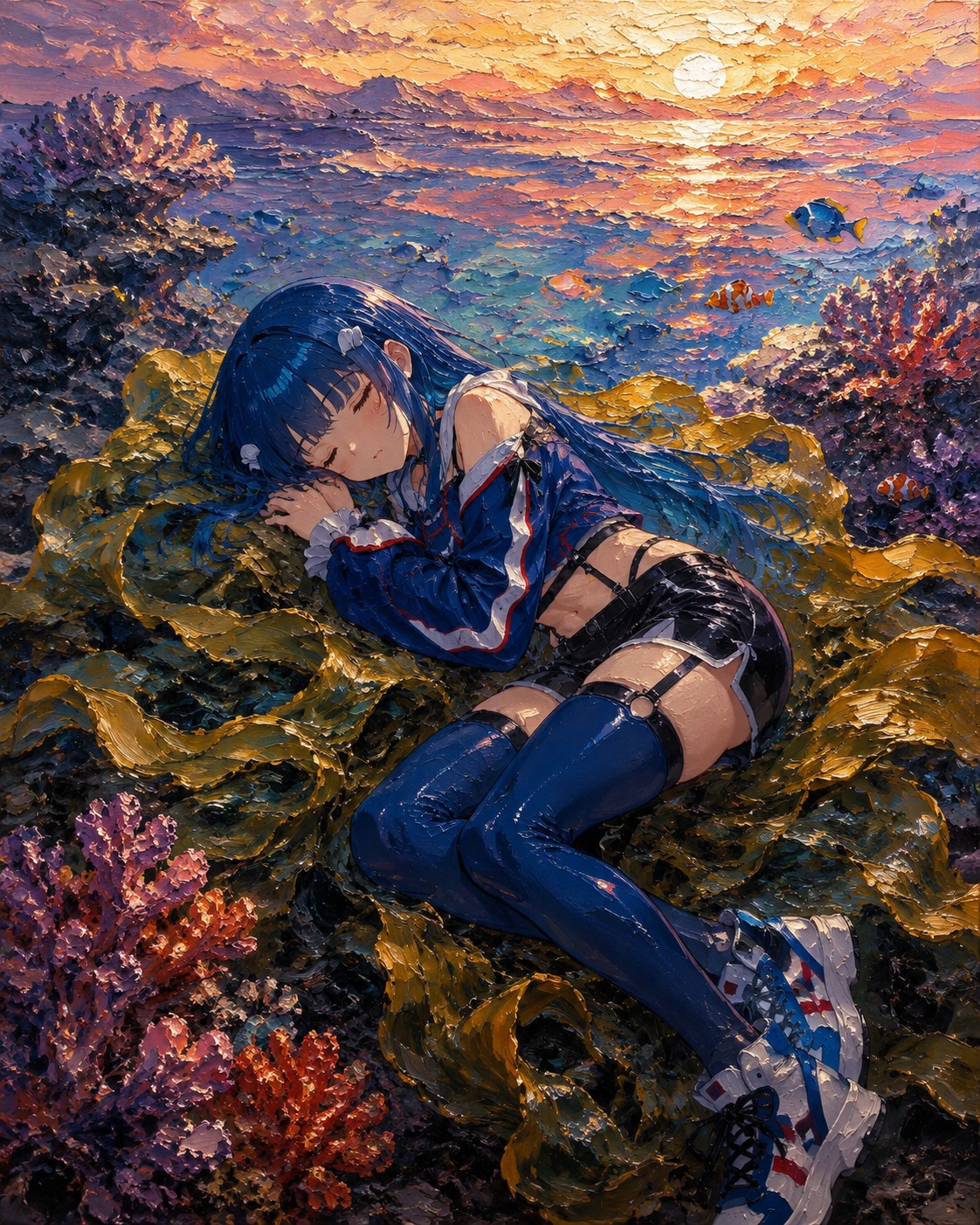 Napping on a bed of kelp At a peaceful coral reef during sunrise (oil painting, thick impasto brushstrokes)