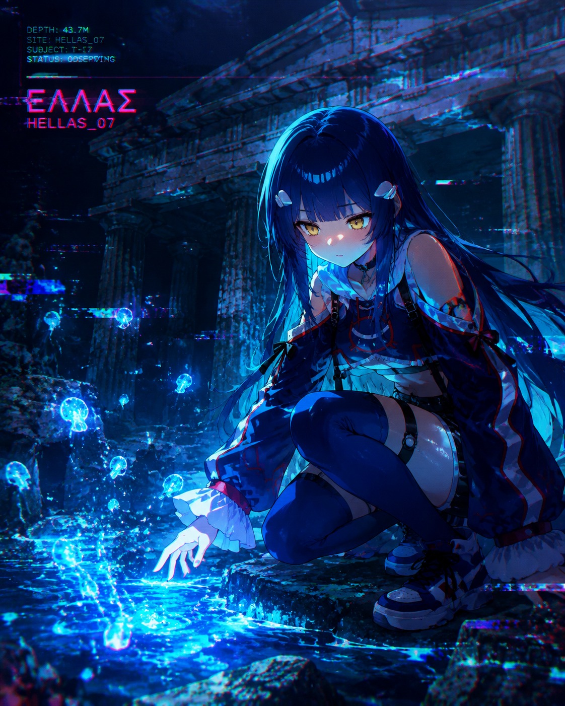 Observing bioluminescent plankton At a sunken Greek temple ruins (cyberpunk glitched art, high contrast)