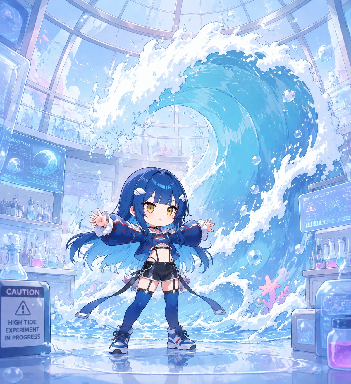 Summoning a massive tidal wave In a high-tech glass research facility (chibi cute, pastel colors)