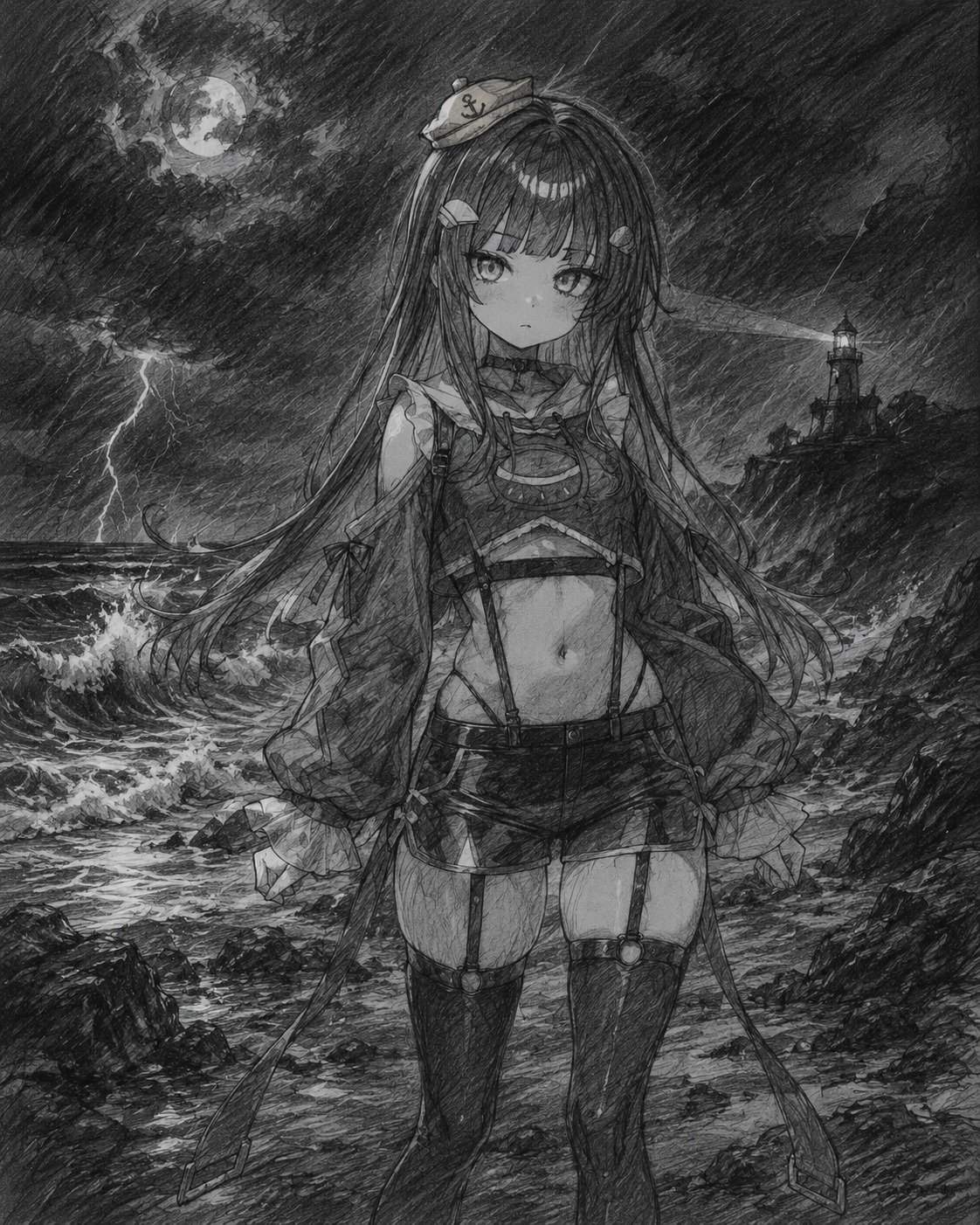 Wearing a tiny yellow sailor hat On a stormy coastline at midnight (pencil sketch, rough cross-hatching)